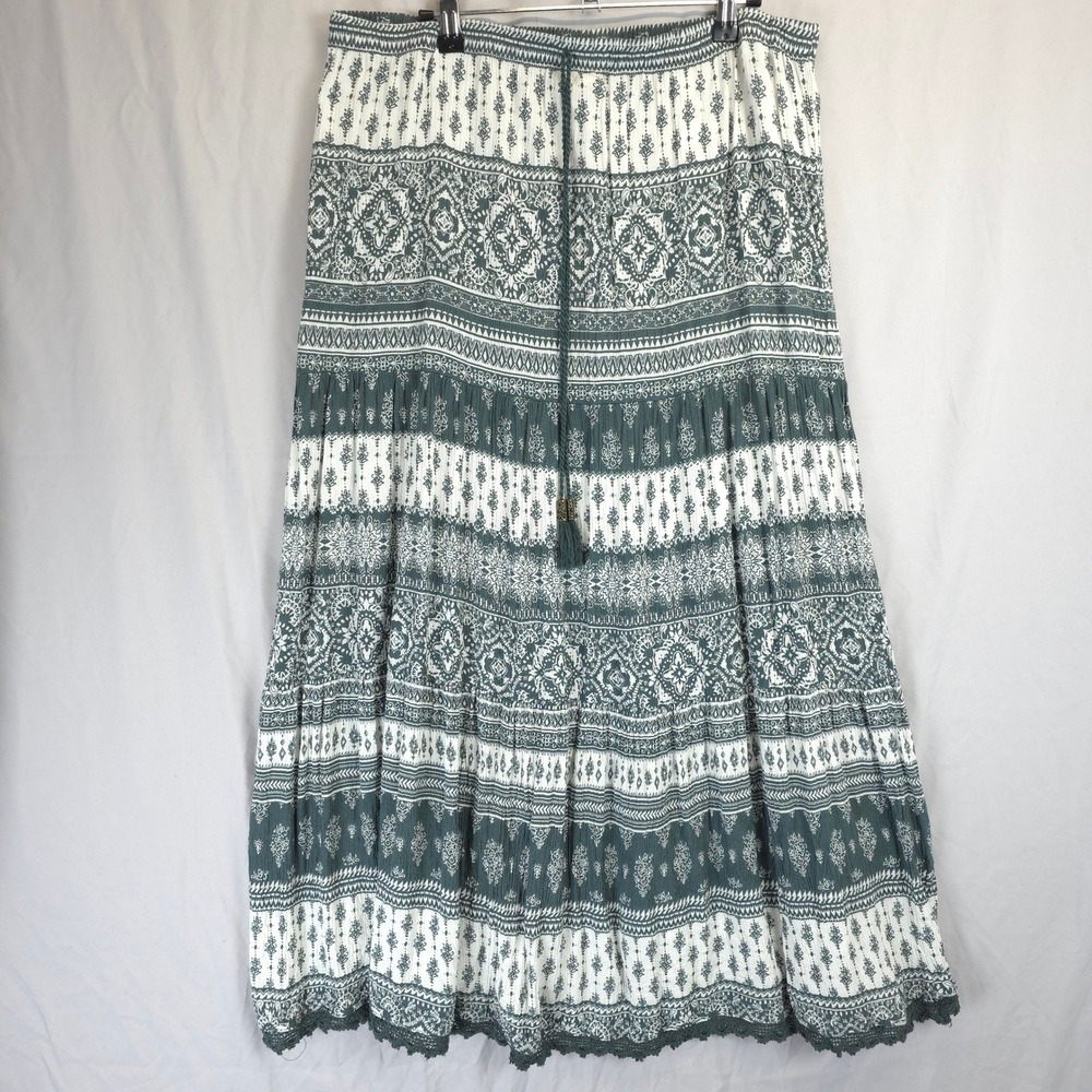 Westport Green White Medallion Print Tassel Boho Maxi Skirt Women L Cottagecore